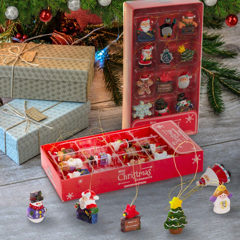 NorthPoleXpress Mini Resin Christmas Ornaments Set of 24 - Rustic Christmas Decorations - Small Miniature Christmas Tree Ornaments - Santa Snowman Gingerbread Angel - Tiny Christmas Tree Decorations with Gift Box! - Image 3
